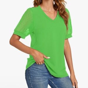 NWT- Kelly Green V-Neck Women's Top w/ Swiss Dot Short Sleeve.